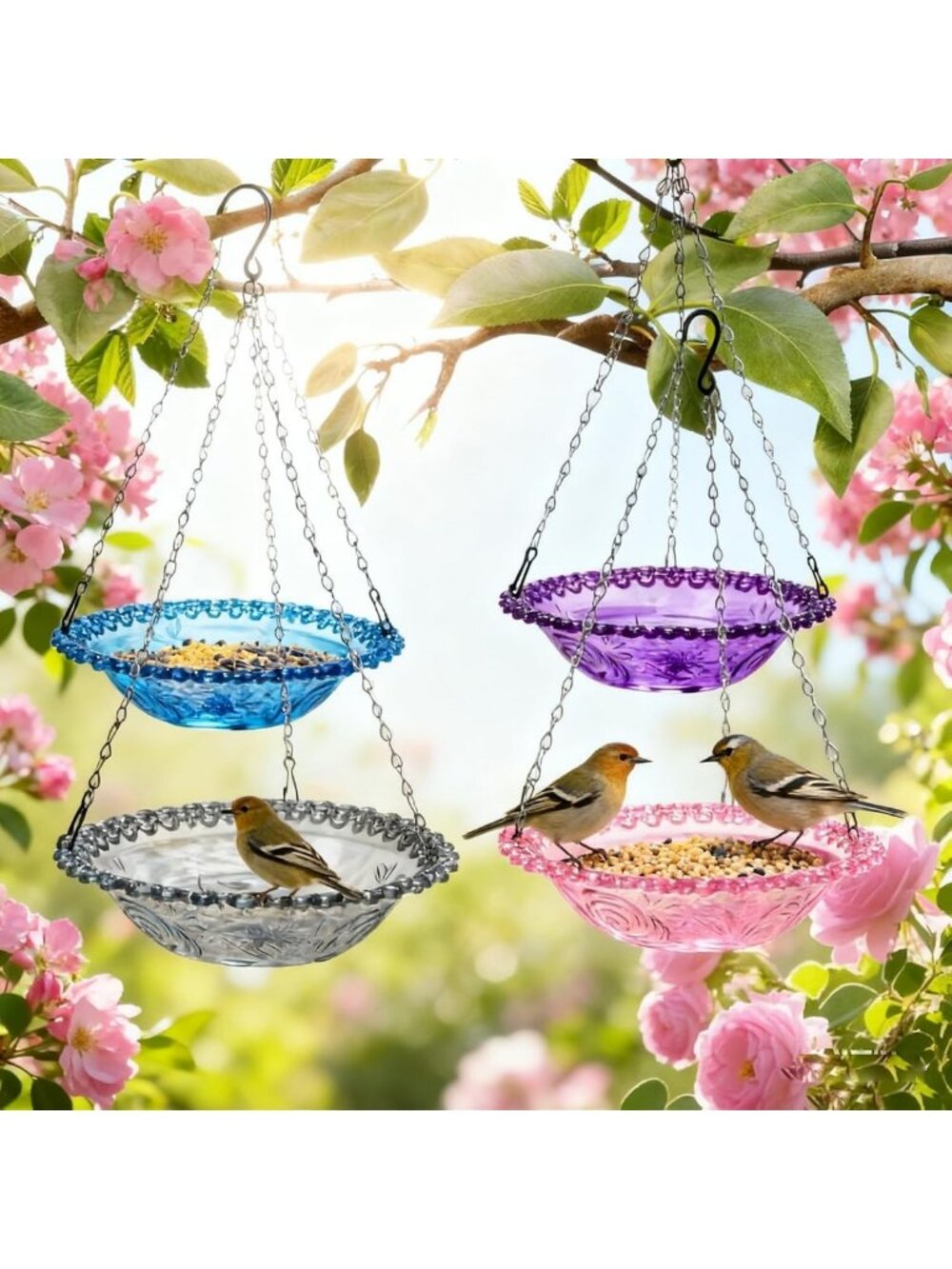 4 Pack Hanging Plastic Bird Baths & Feeders Set - Outdoor Garden Decor, Wild